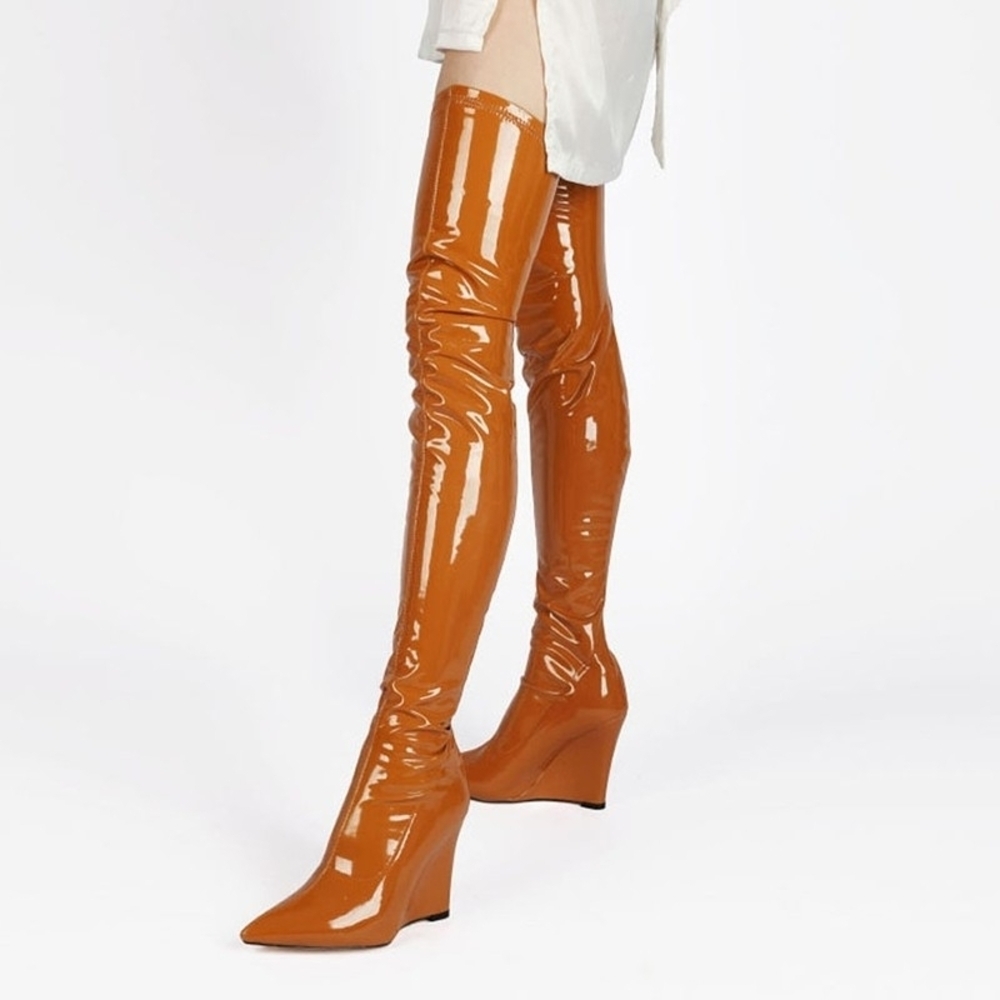 AZALEA WANG "GLOSSY ROMANCE" Cognac Over-the-Knee Wedge Boots